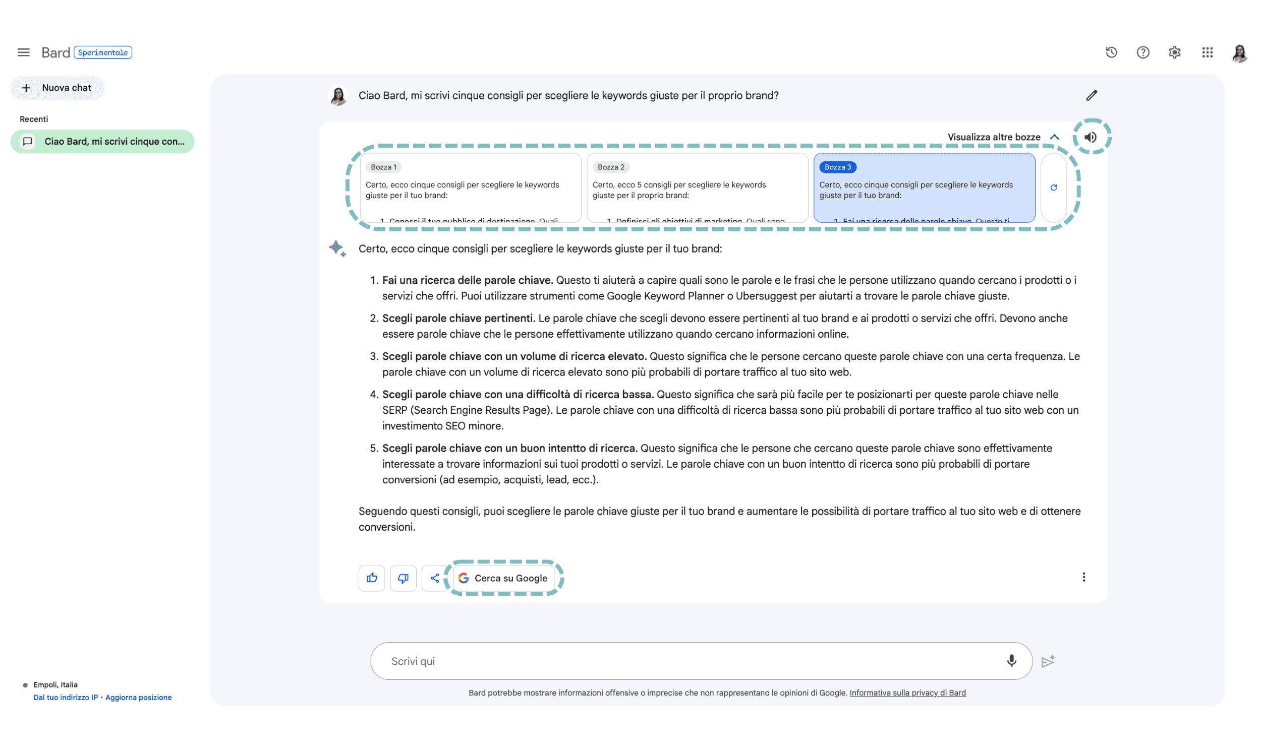 Interfaccia di Google Bard AI - esempio di domanda